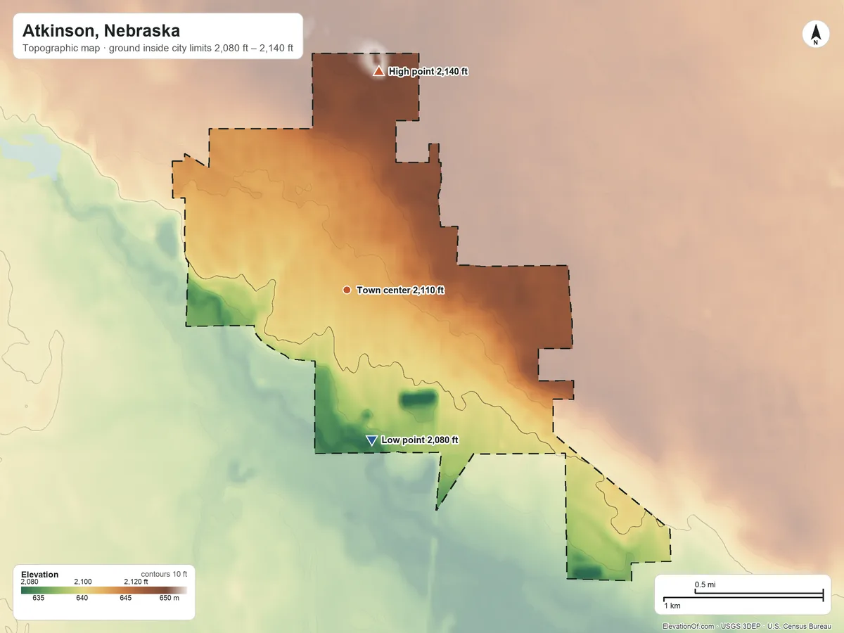 Topographic elevation map of Atkinson, Nebraska, shaded from 2,080 ft on the south side to 2,140 ft on the north side