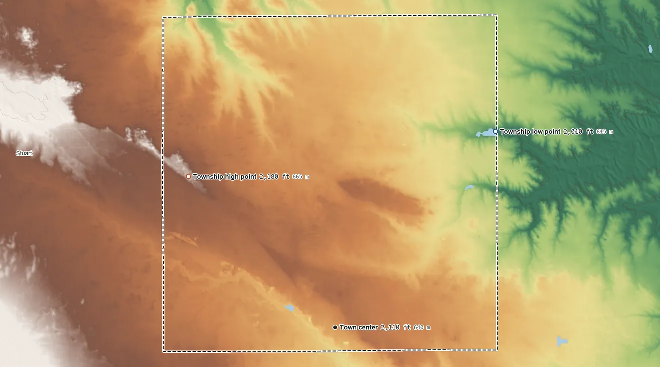 Topographic elevation map of Atkinson Township, Nebraska, shaded from 2,010 ft on the northeast side to 2,180 ft on the northwest side
