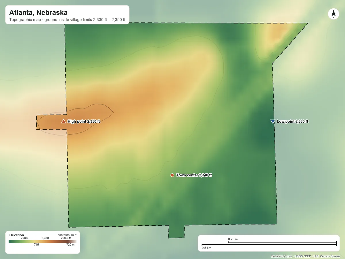 Topographic elevation map of Atlanta, Nebraska, shaded from 2,330 ft on the northeast side to 2,350 ft on the northwest side