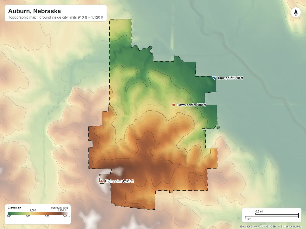 Topographic elevation map of Auburn, Nebraska, shaded from 910 ft on the northeast side to 1,120 ft on the southwest side