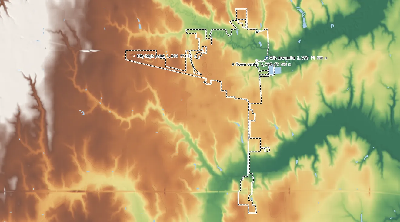 Topographic elevation map of Aurora, Nebraska, shaded from 1,750 ft on the east side to 1,840 ft on the west side