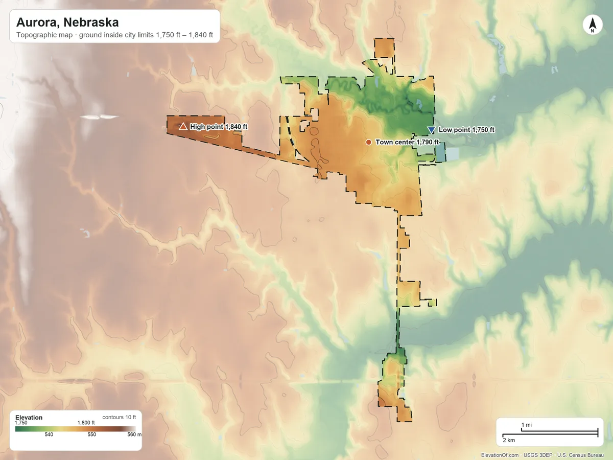 Topographic elevation map of Aurora, Nebraska, shaded from 1,750 ft on the east side to 1,840 ft on the west side