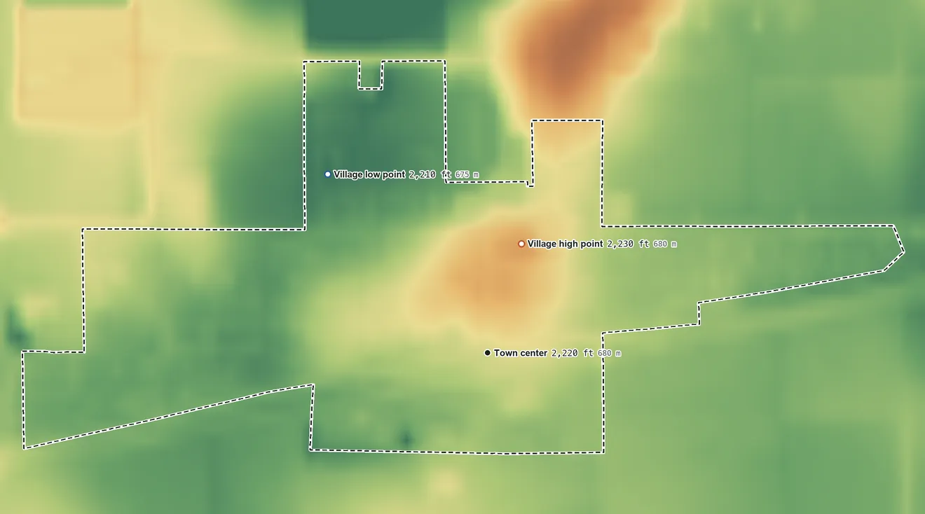 Topographic elevation map of Axtell, Nebraska, shaded from 2,210 ft on the northwest side to 2,230 ft on the north side