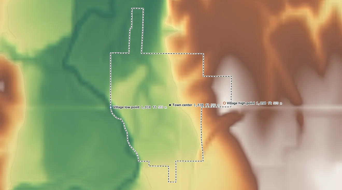 Topographic elevation map of Ayr, Nebraska, shaded from 1,810 ft on the west side to 1,890 ft on the east side