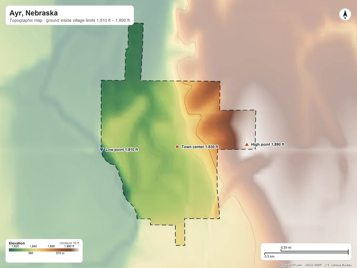 Topographic elevation map of Ayr, Nebraska, shaded from 1,810 ft on the west side to 1,890 ft on the east side