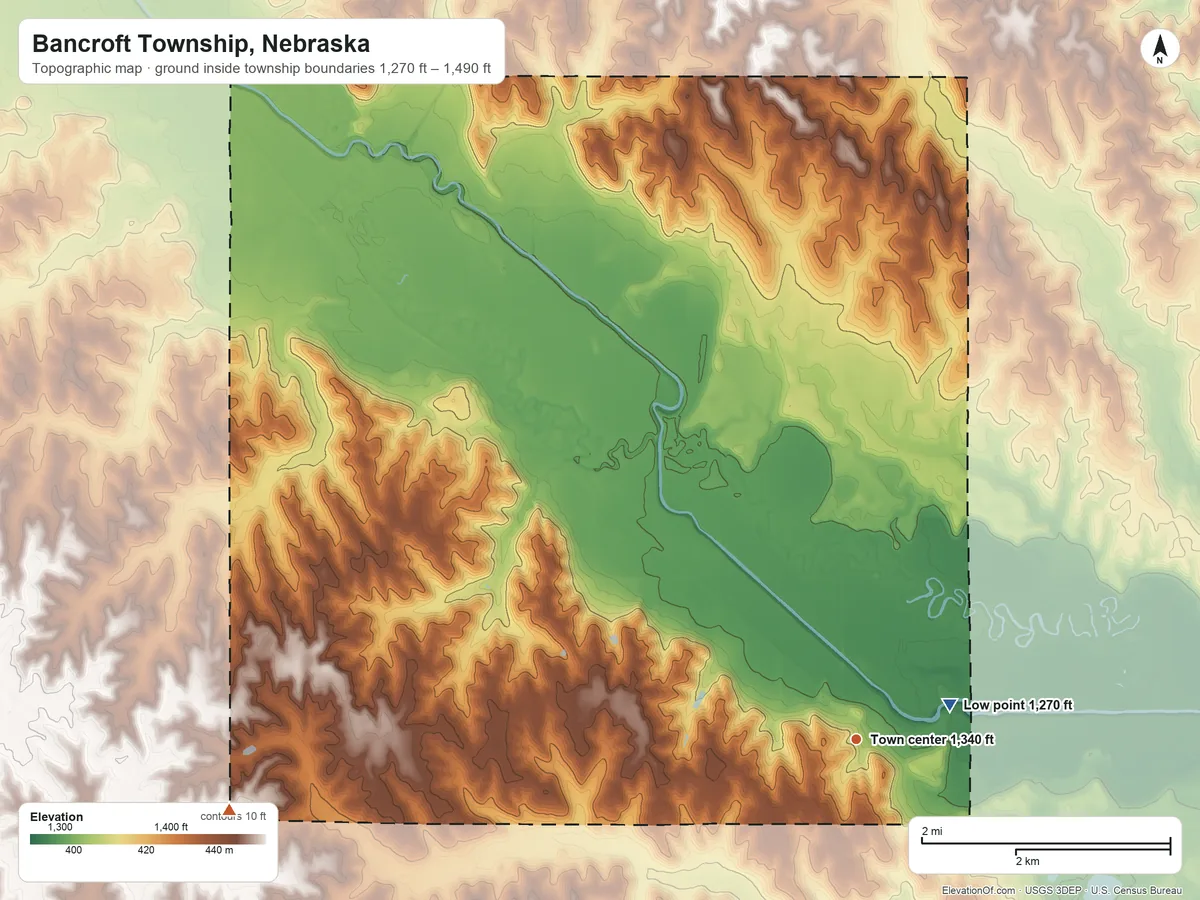 Topographic elevation map of Bancroft Township, Nebraska, shaded from 1,270 ft near the middle to 1,490 ft on the west side
