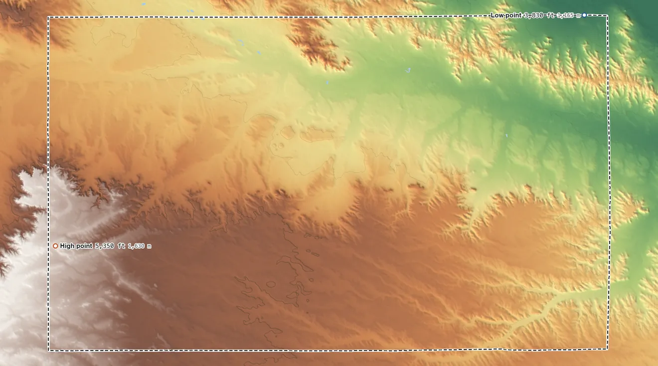 Topographic elevation map of Banner County, Nebraska, shaded from 3,830 ft on the northeast side to 5,350 ft on the west side