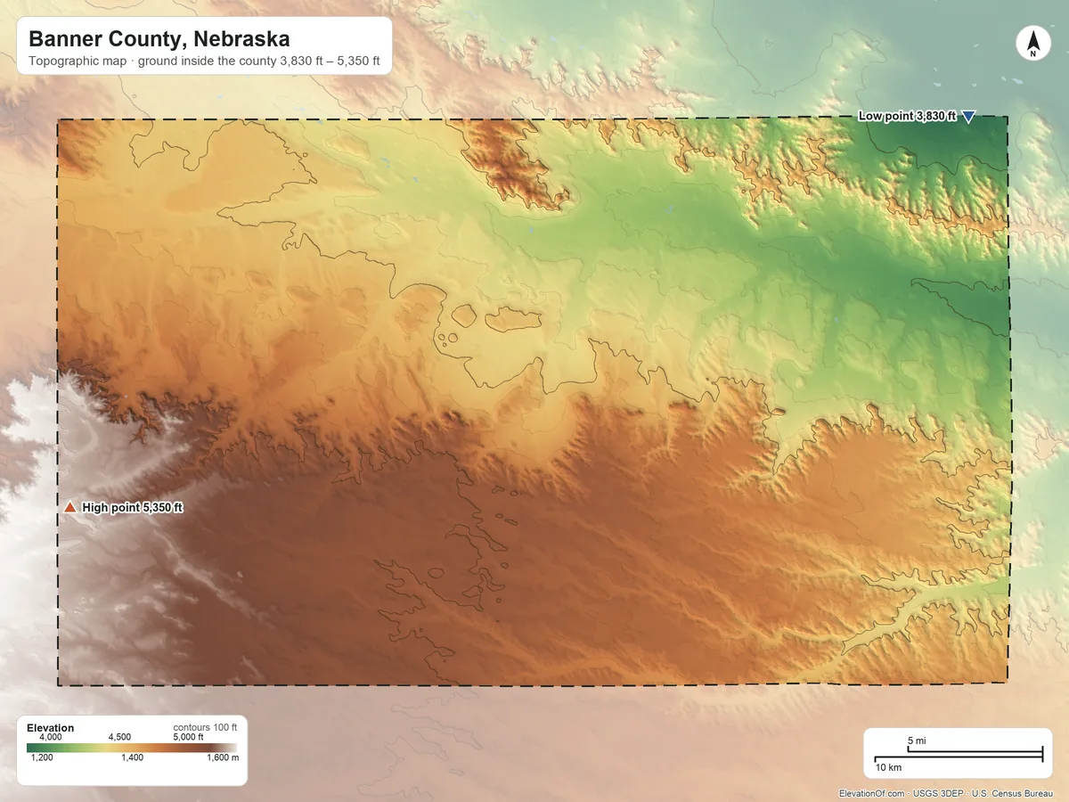 Topographic elevation map of Banner County, Nebraska, shaded from 3,830 ft on the northeast side to 5,350 ft on the west side