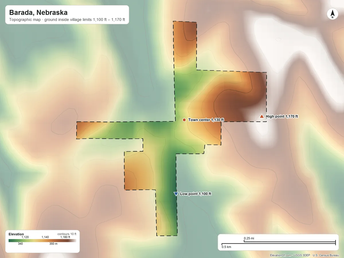 Topographic elevation map of Barada, Nebraska, shaded from 1,100 ft on the south side to 1,170 ft on the east side