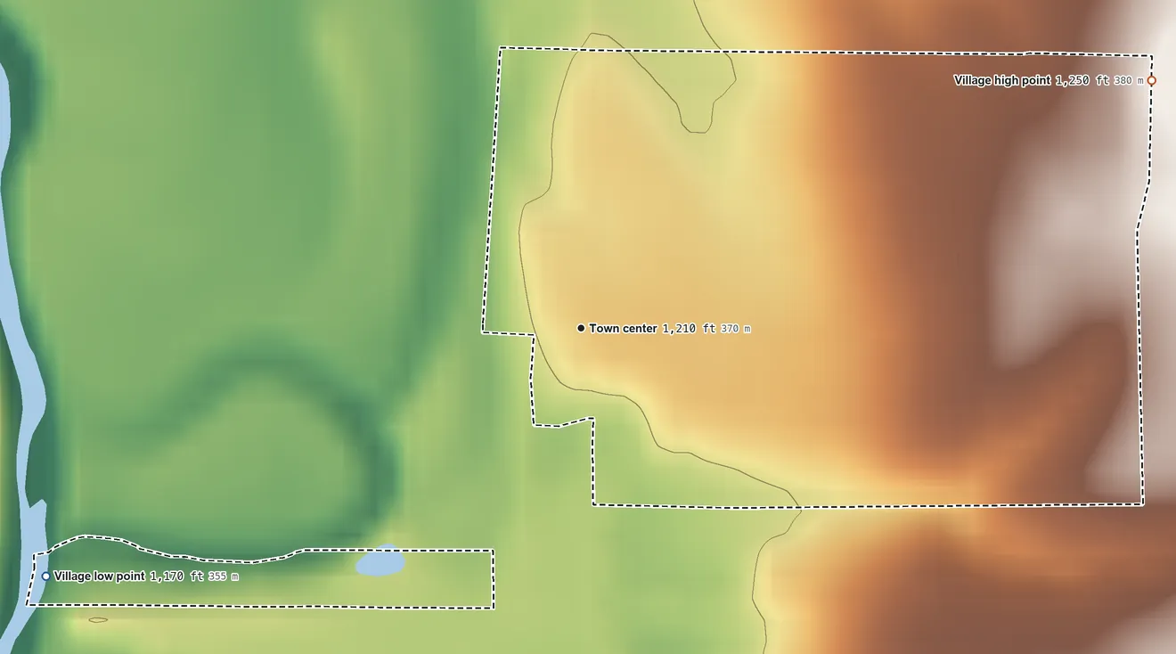 Topographic elevation map of Barneston, Nebraska, shaded from 1,170 ft on the southwest side to 1,250 ft on the northeast side
