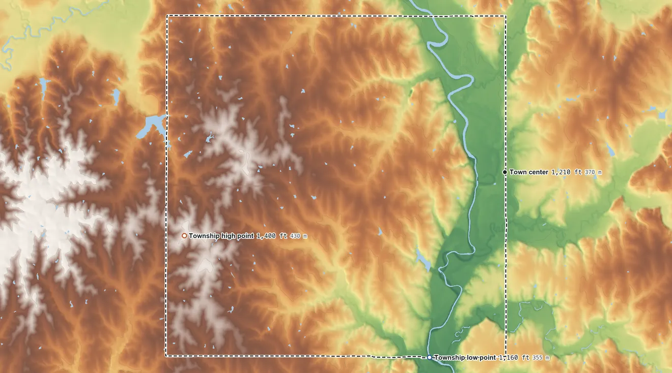 Topographic elevation map of Barneston Township, Nebraska, shaded from 1,160 ft on the south side to 1,400 ft on the west side