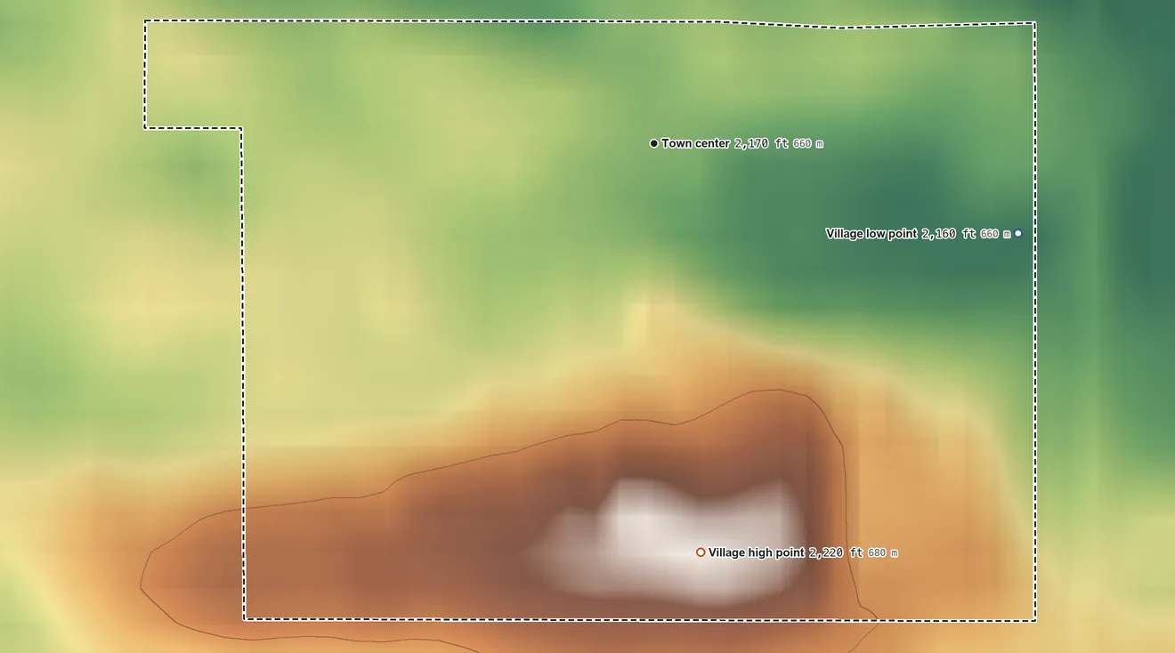 Topographic elevation map of Bartlett, Nebraska, shaded from 2,160 ft on the east side to 2,220 ft on the south side