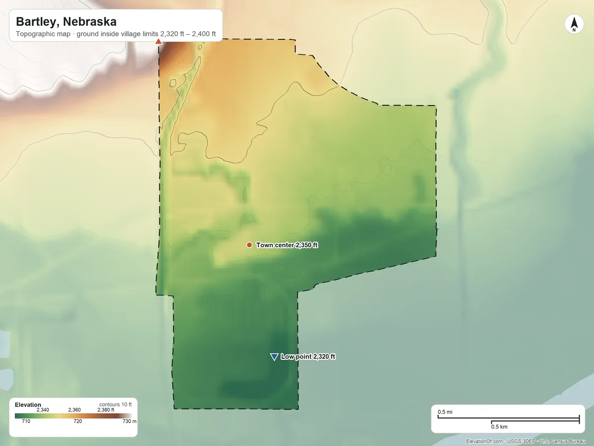 Topographic elevation map of Bartley, Nebraska, shaded from 2,320 ft on the south side to 2,400 ft on the northwest side
