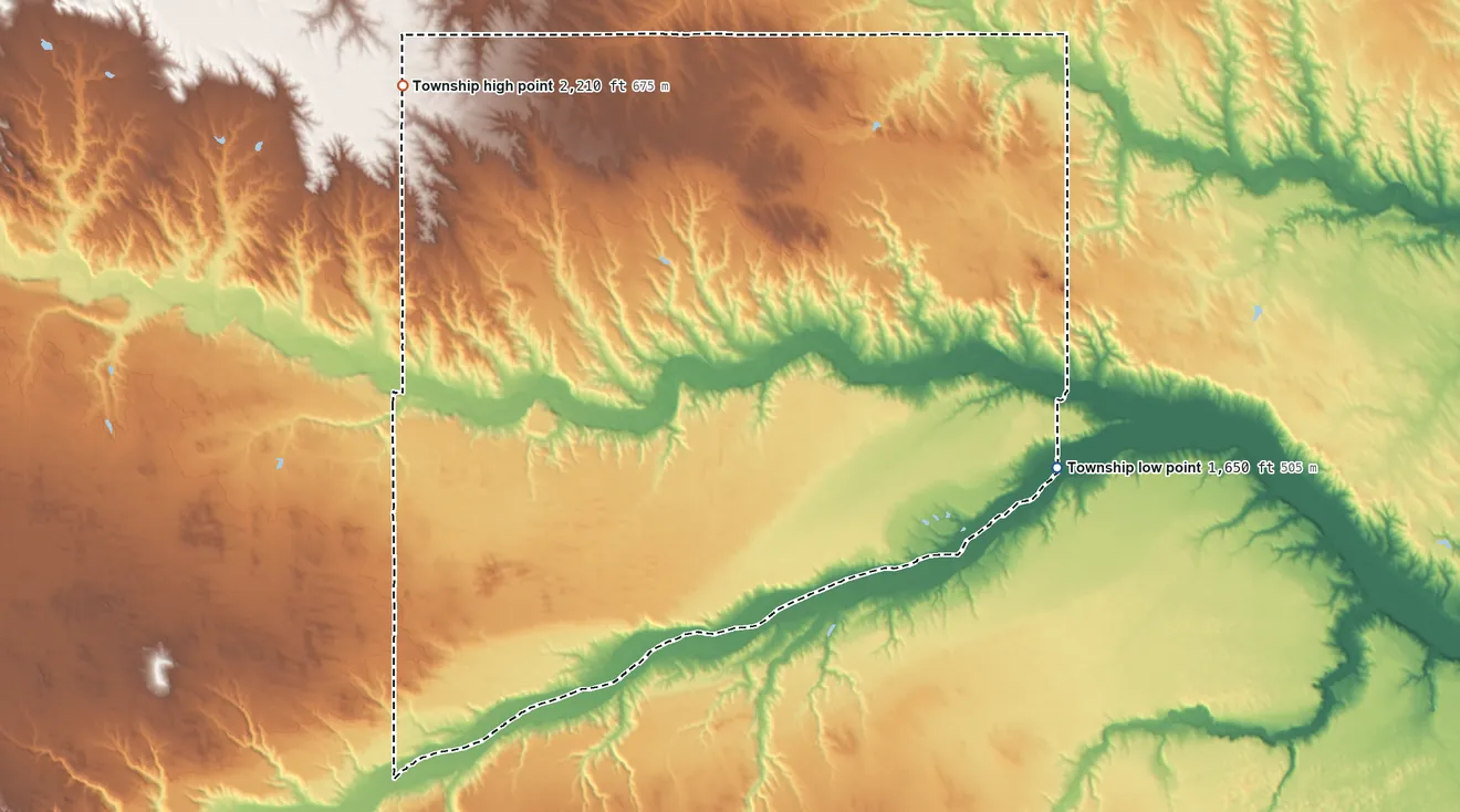 Topographic elevation map of Basin Township, Nebraska, shaded from 1,650 ft on the southeast side to 2,210 ft on the west side
