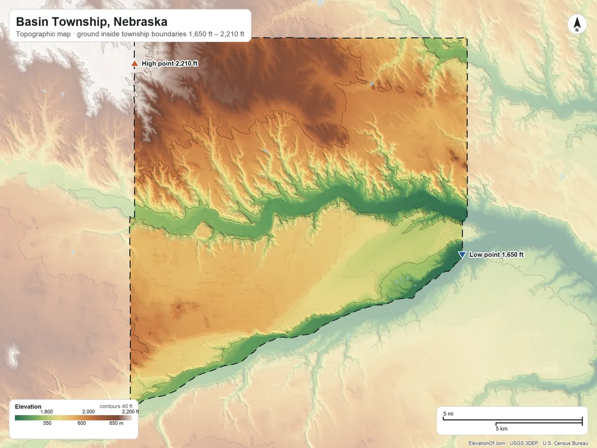 Topographic elevation map of Basin Township, Nebraska, shaded from 1,650 ft on the southeast side to 2,210 ft on the west side