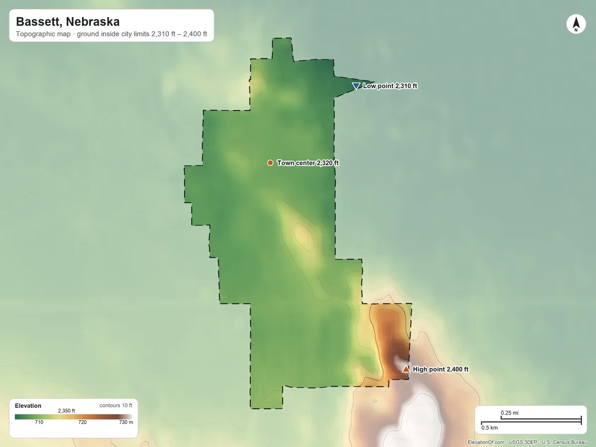 Topographic elevation map of Bassett, Nebraska, shaded from 2,310 ft on the northeast side to 2,400 ft on the southeast side
