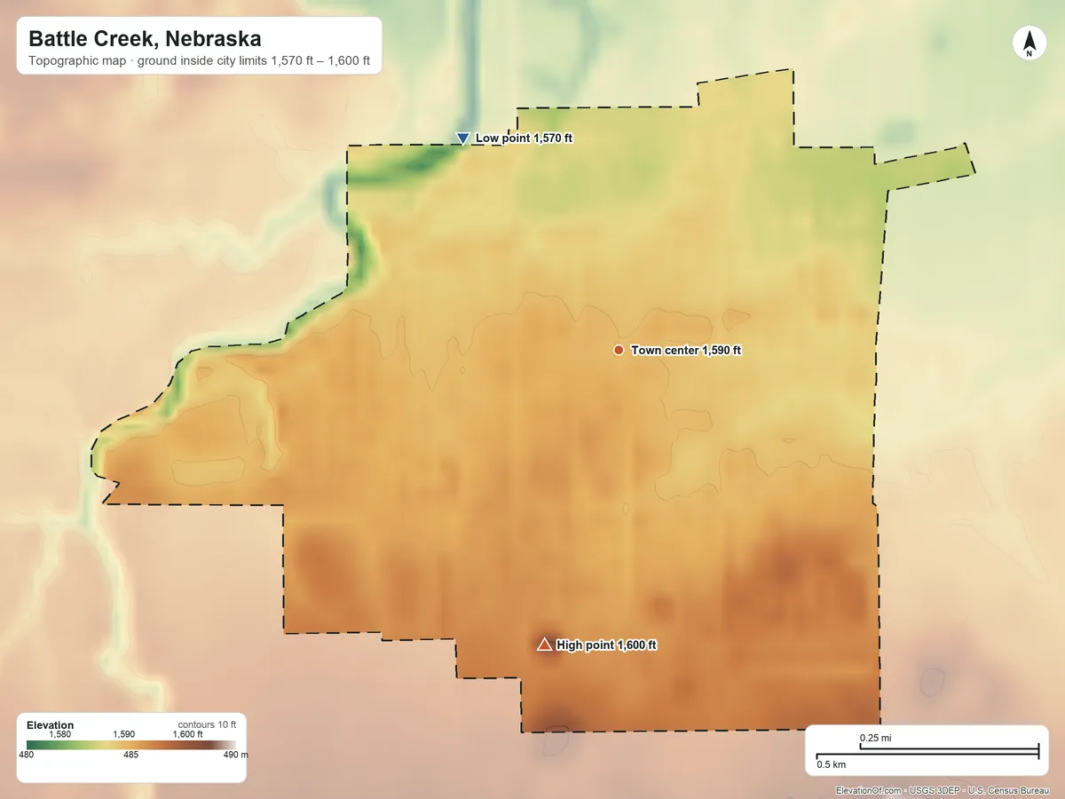 Topographic elevation map of Battle Creek, Nebraska, shaded from 1,570 ft on the northwest side to 1,600 ft on the south side