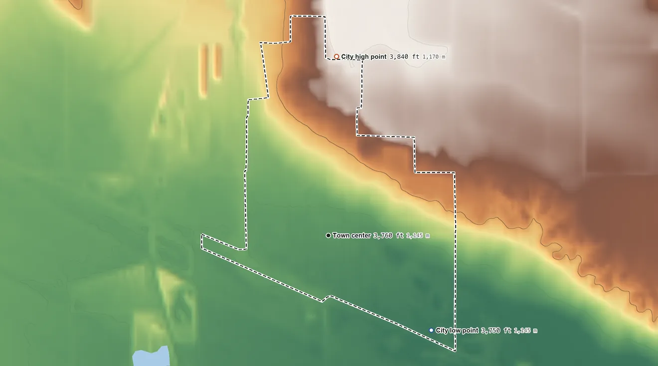 Topographic elevation map of Bayard, Nebraska, shaded from 3,750 ft on the southeast side to 3,840 ft on the north side