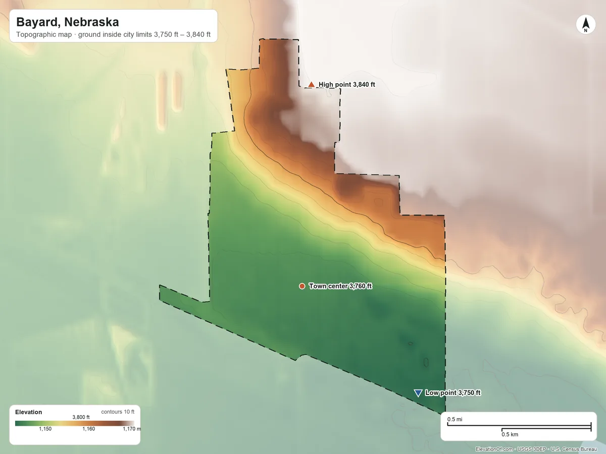 Topographic elevation map of Bayard, Nebraska, shaded from 3,750 ft on the southeast side to 3,840 ft on the north side
