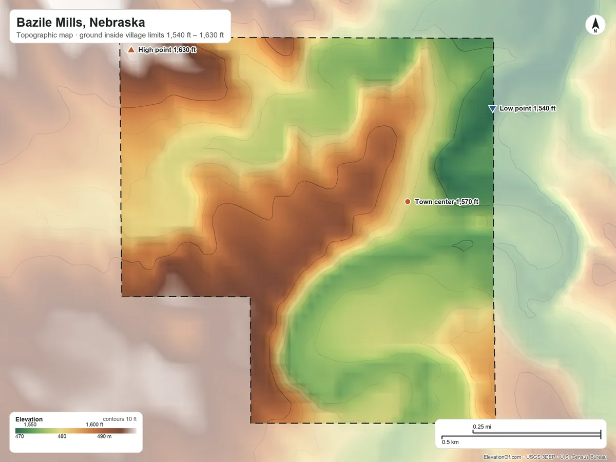 Topographic elevation map of Bazile Mills, Nebraska, shaded from 1,540 ft on the northeast side to 1,630 ft on the northwest side