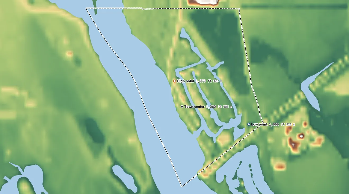 Topographic elevation map of Beacon View, Nebraska, shaded from 1,060 ft on the east side to 1,070 ft on the north side