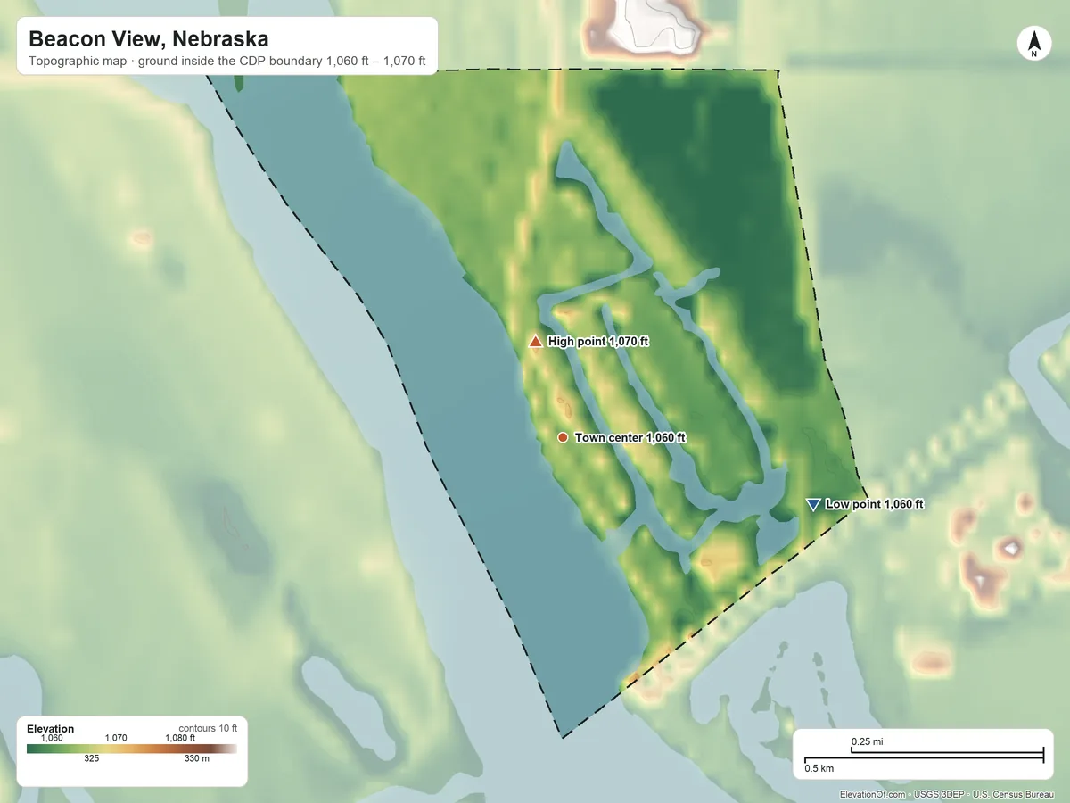 Topographic elevation map of Beacon View, Nebraska, shaded from 1,060 ft on the east side to 1,070 ft on the north side