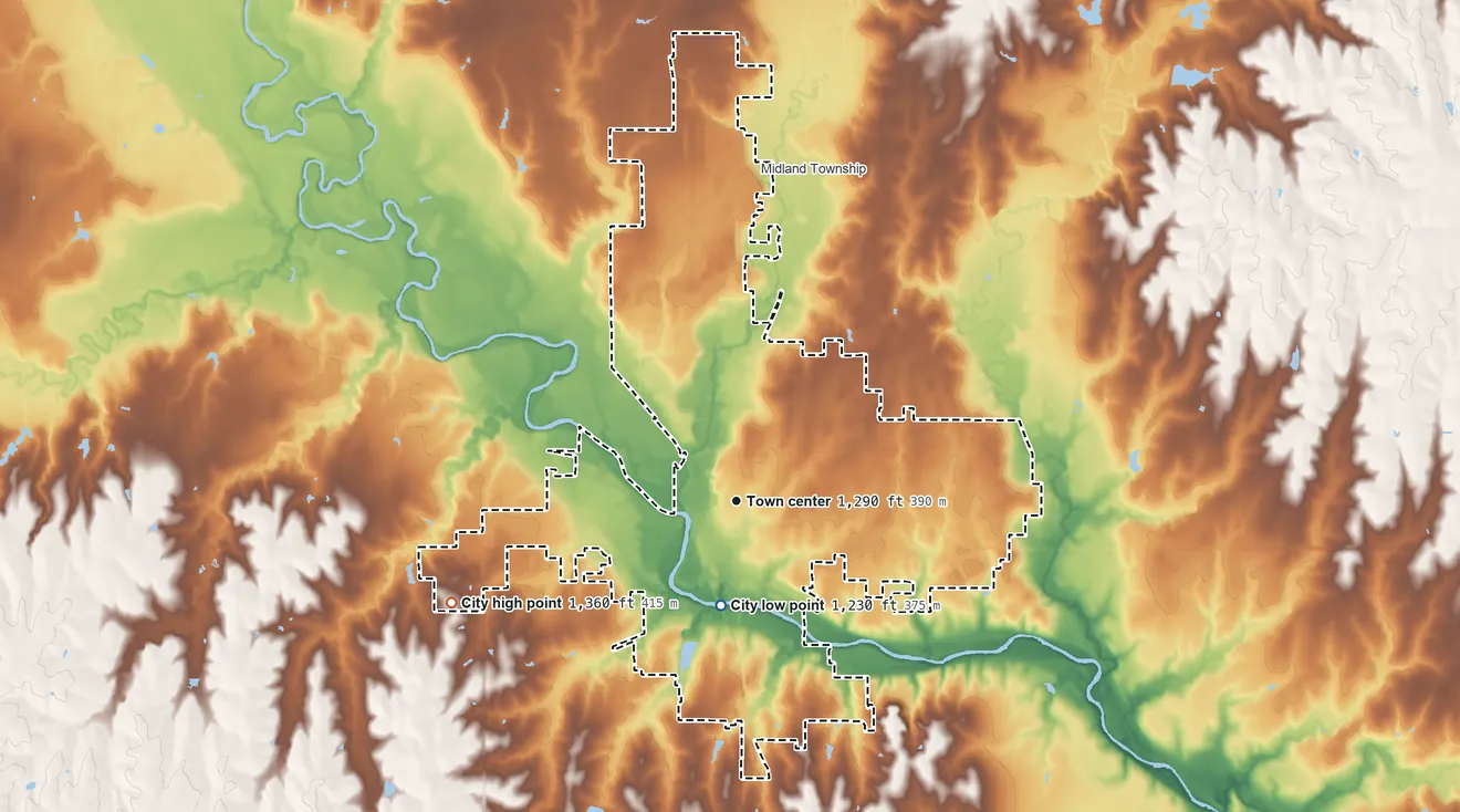 Topographic elevation map of Beatrice, Nebraska, shaded from 1,230 ft on the south side to 1,360 ft on the west side