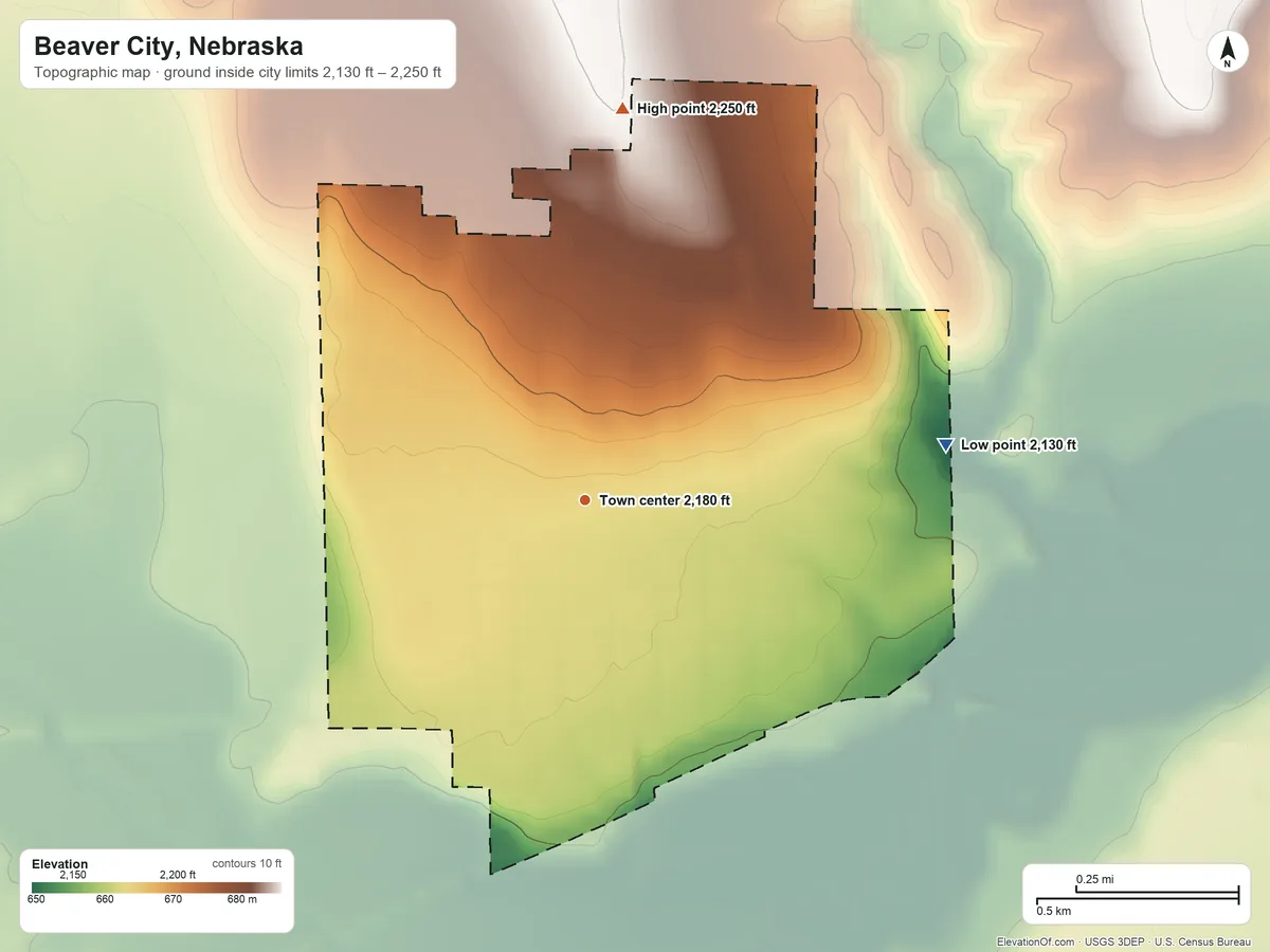 Topographic elevation map of Beaver City, Nebraska, shaded from 2,130 ft on the east side to 2,250 ft on the north side