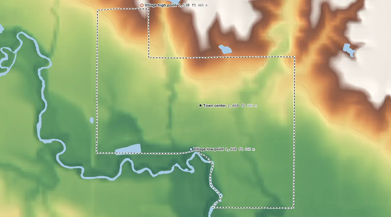 Topographic elevation map of Beaver Crossing, Nebraska, shaded from 1,440 ft on the south side to 1,530 ft on the northwest side