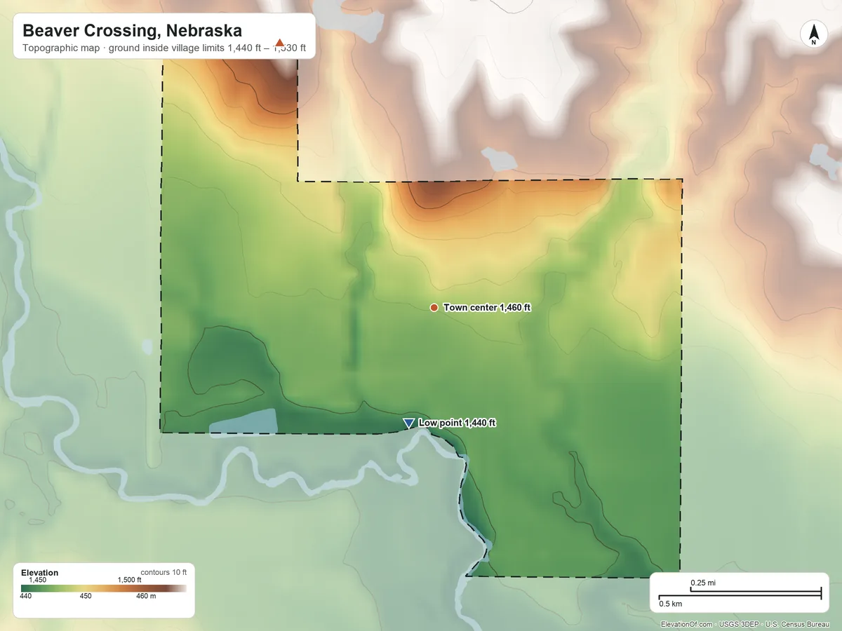 Topographic elevation map of Beaver Crossing, Nebraska, shaded from 1,440 ft on the south side to 1,530 ft on the northwest side