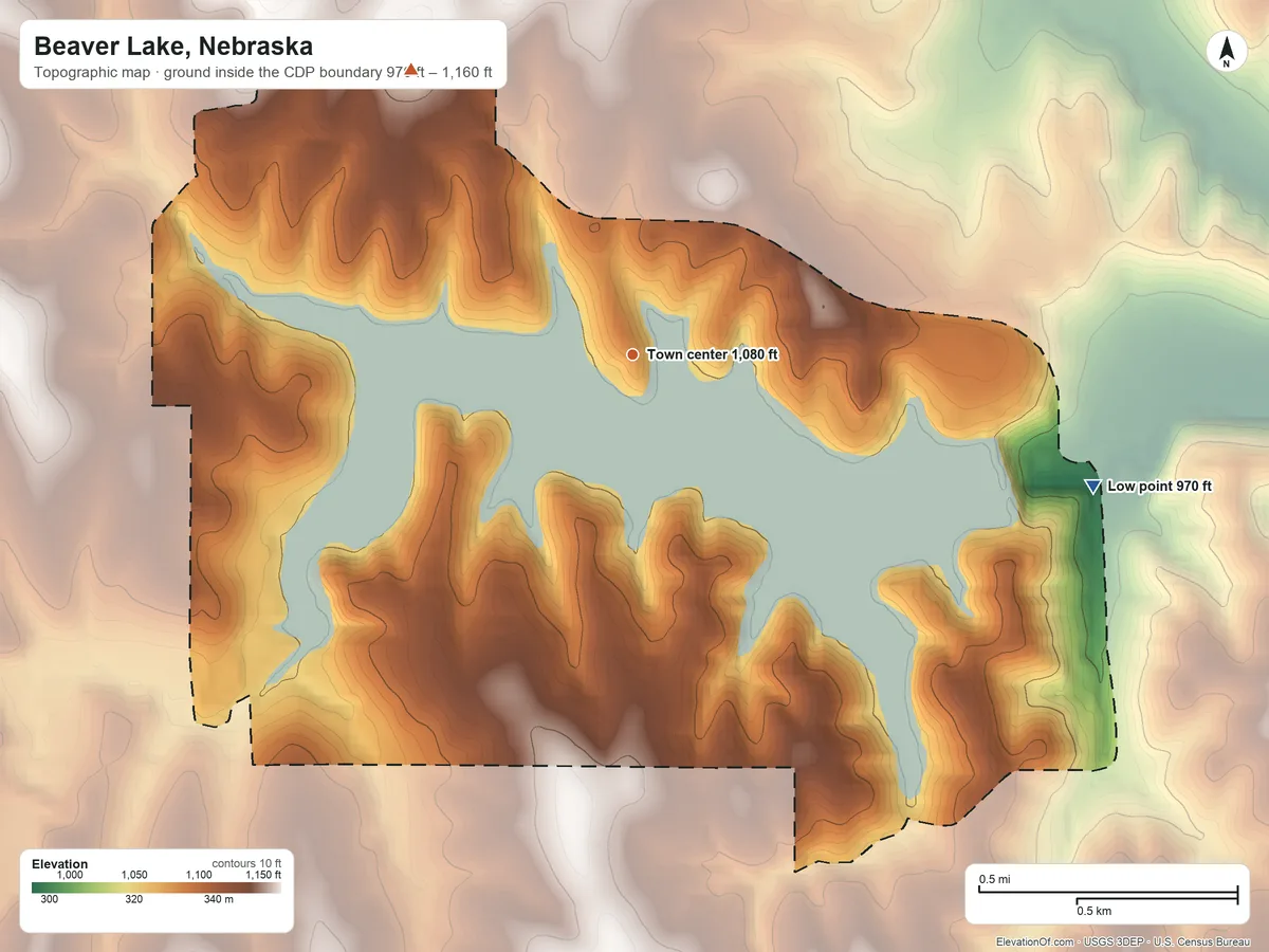 Topographic elevation map of Beaver Lake, Nebraska, shaded from 970 ft on the east side to 1,160 ft on the northwest side