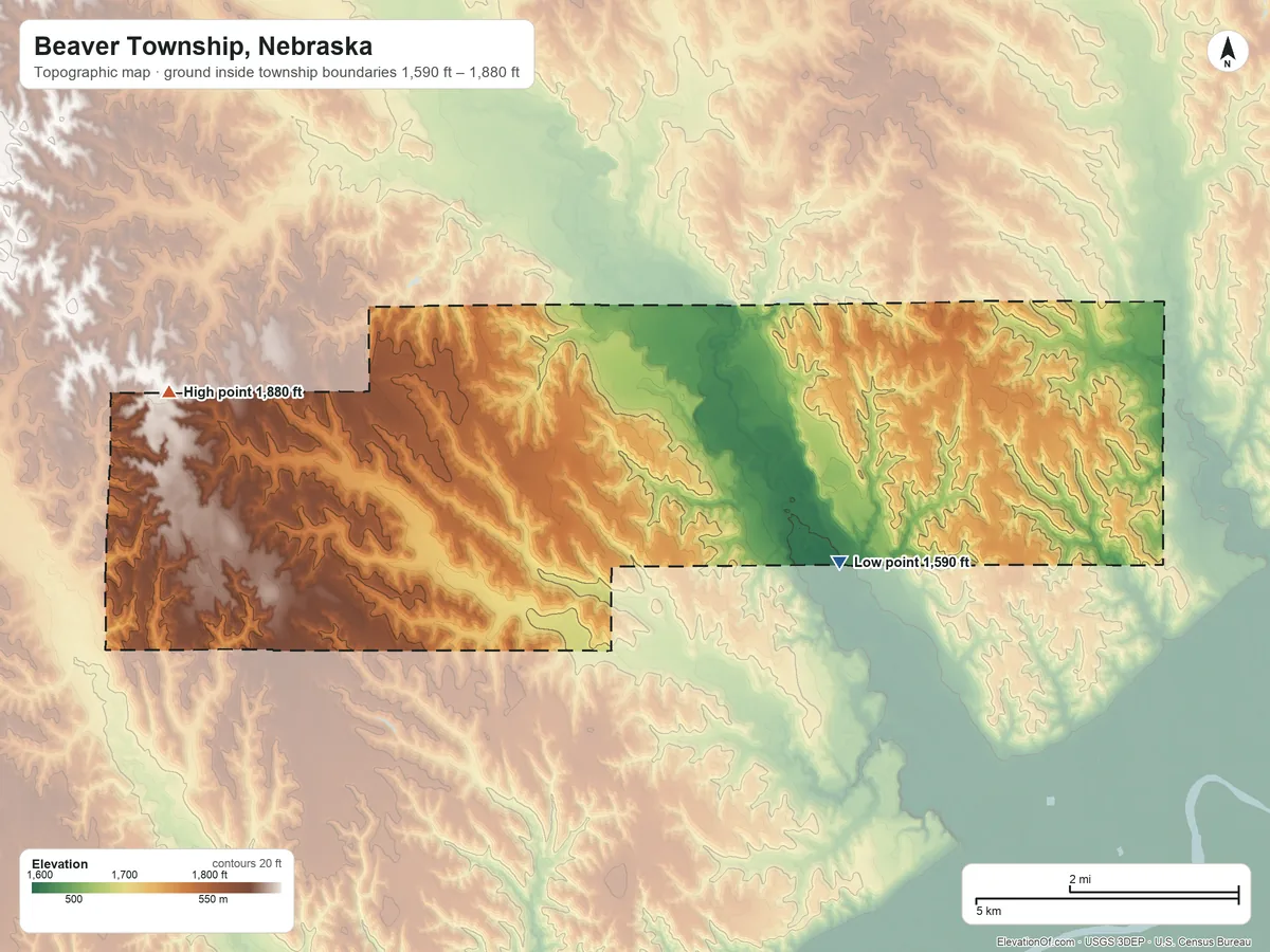 Topographic elevation map of Beaver Township, Nebraska, shaded from 1,590 ft on the southeast side to 1,880 ft on the west side