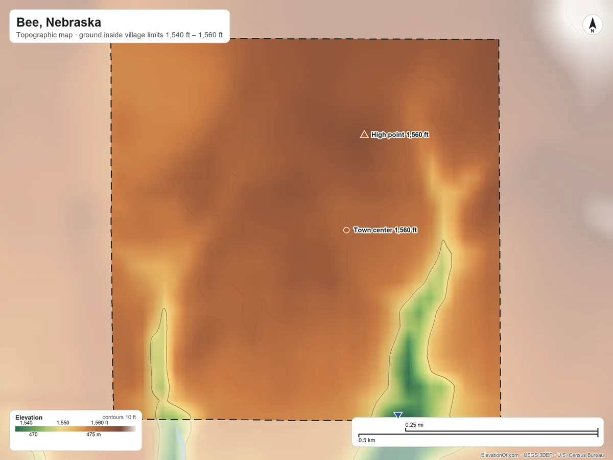 Topographic elevation map of Bee, Nebraska, shaded from 1,540 ft on the south side to 1,560 ft on the north side