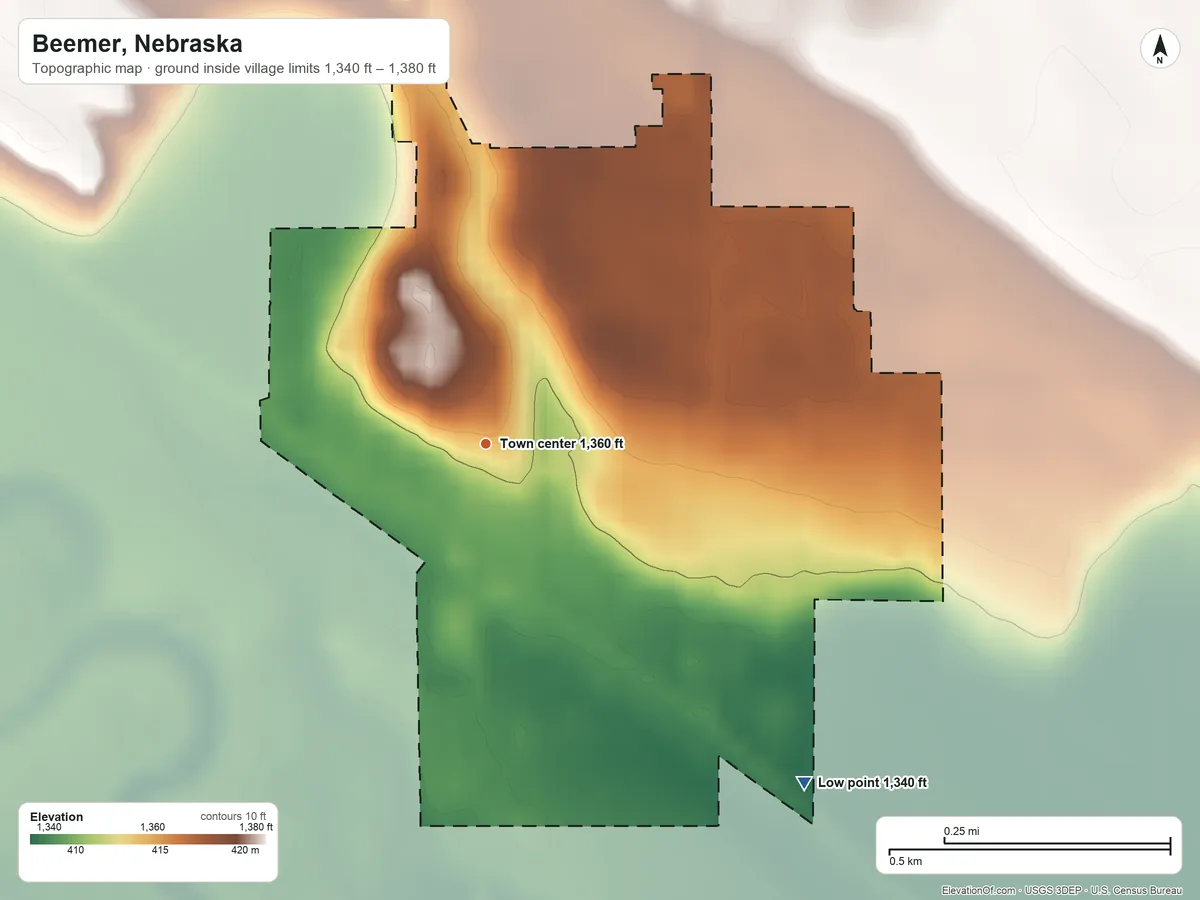 Topographic elevation map of Beemer, Nebraska, shaded from 1,340 ft on the southeast side to 1,380 ft on the northeast side