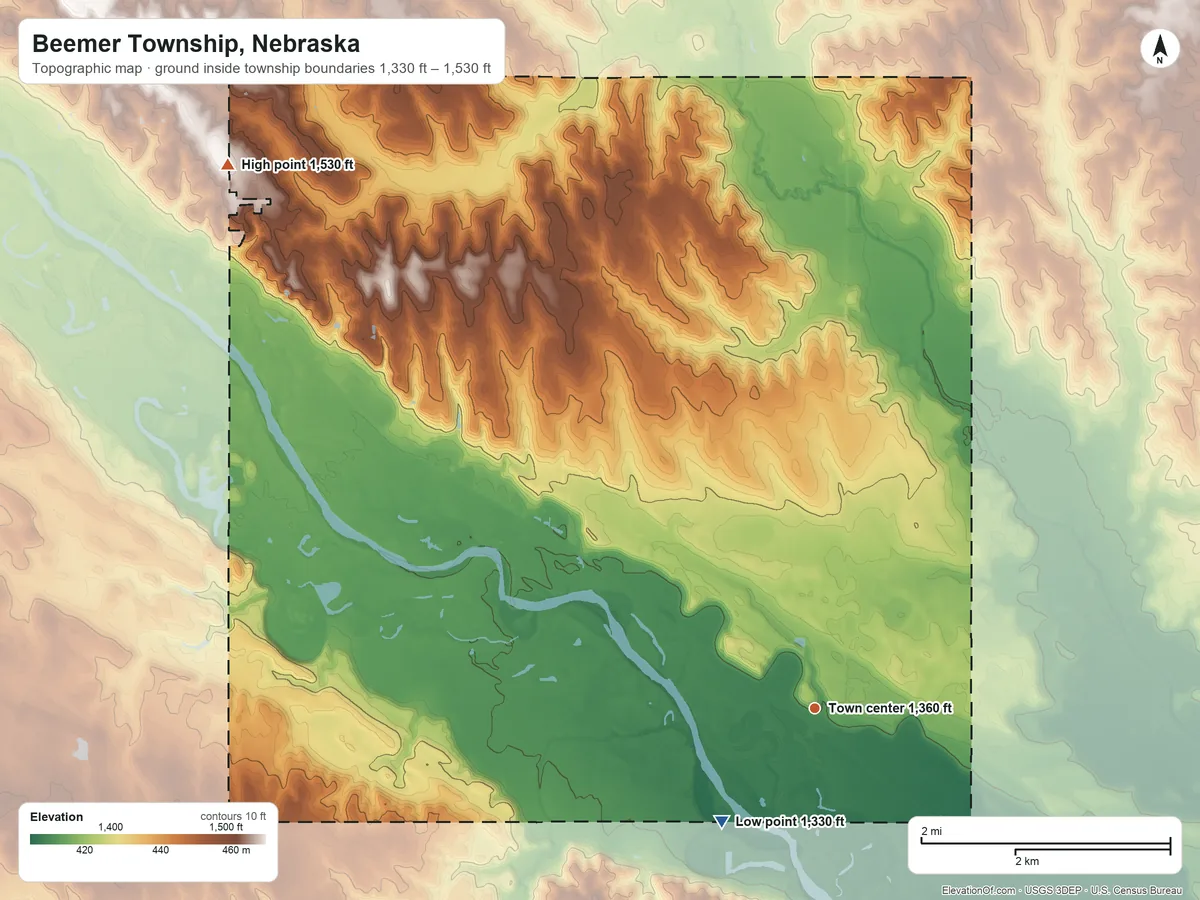 Topographic elevation map of Beemer Township, Nebraska, shaded from 1,330 ft on the southwest side to 1,530 ft on the northwest side
