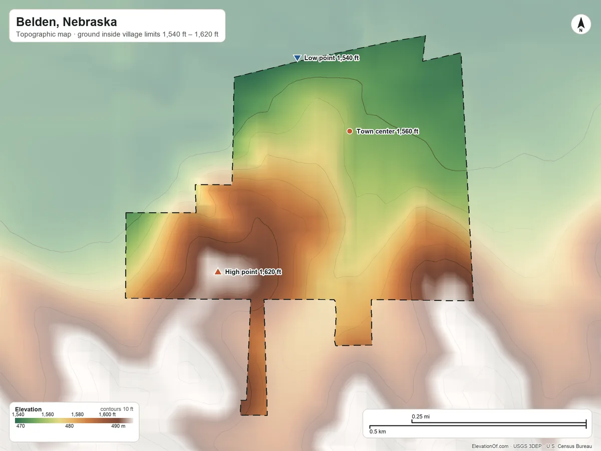 Topographic elevation map of Belden, Nebraska, shaded from 1,540 ft on the northwest side to 1,620 ft on the southwest side