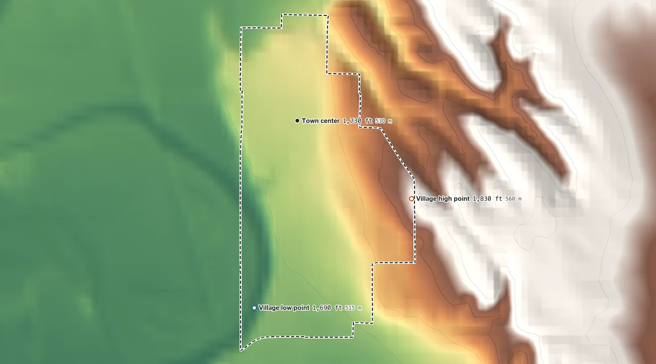 Topographic elevation map of Belgrade, Nebraska, shaded from 1,690 ft on the south side to 1,830 ft on the southeast side