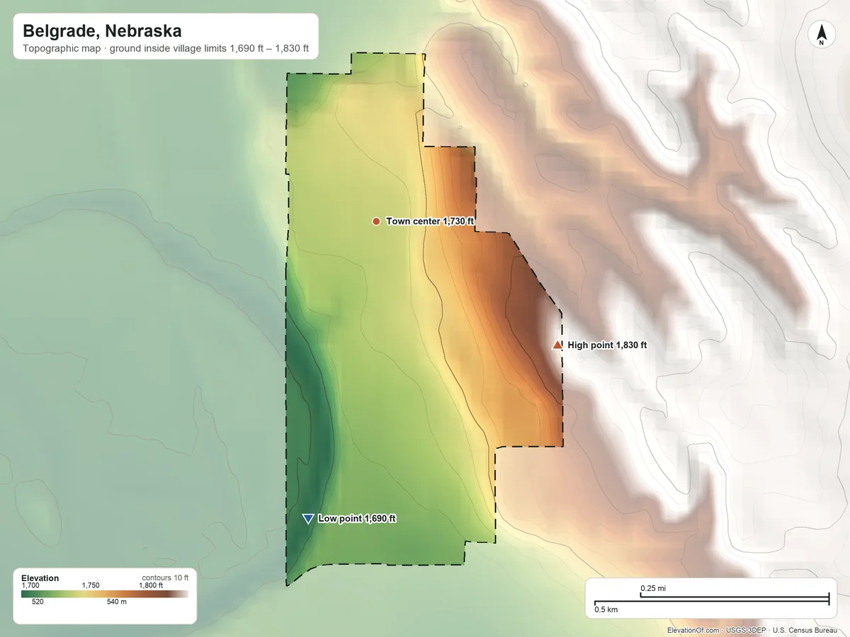 Topographic elevation map of Belgrade, Nebraska, shaded from 1,690 ft on the south side to 1,830 ft on the southeast side