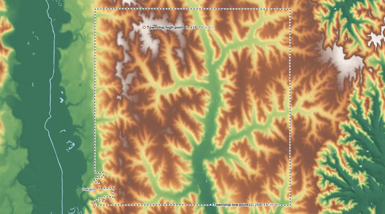 Topographic elevation map of Bell Creek Township, Nebraska, shaded from 1,260 ft on the southeast side to 1,410 ft on the north side