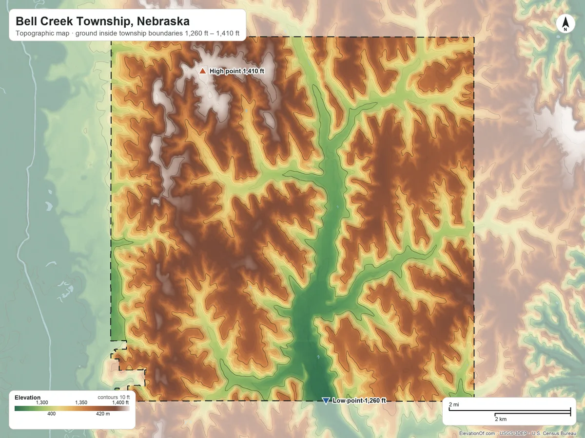 Topographic elevation map of Bell Creek Township, Nebraska, shaded from 1,260 ft on the southeast side to 1,410 ft on the north side