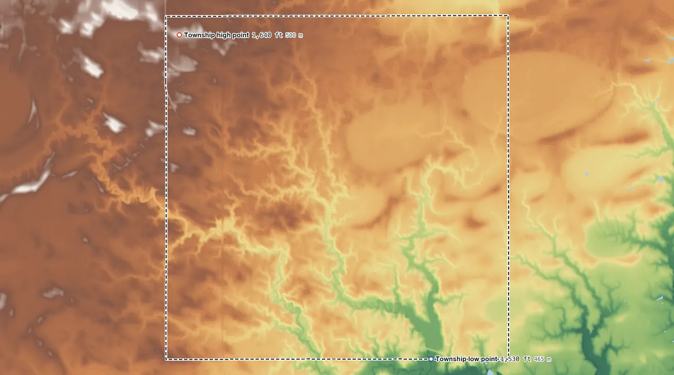 Topographic elevation map of Belle Prairie Township, Nebraska, shaded from 1,530 ft on the southeast side to 1,640 ft on the northwest side