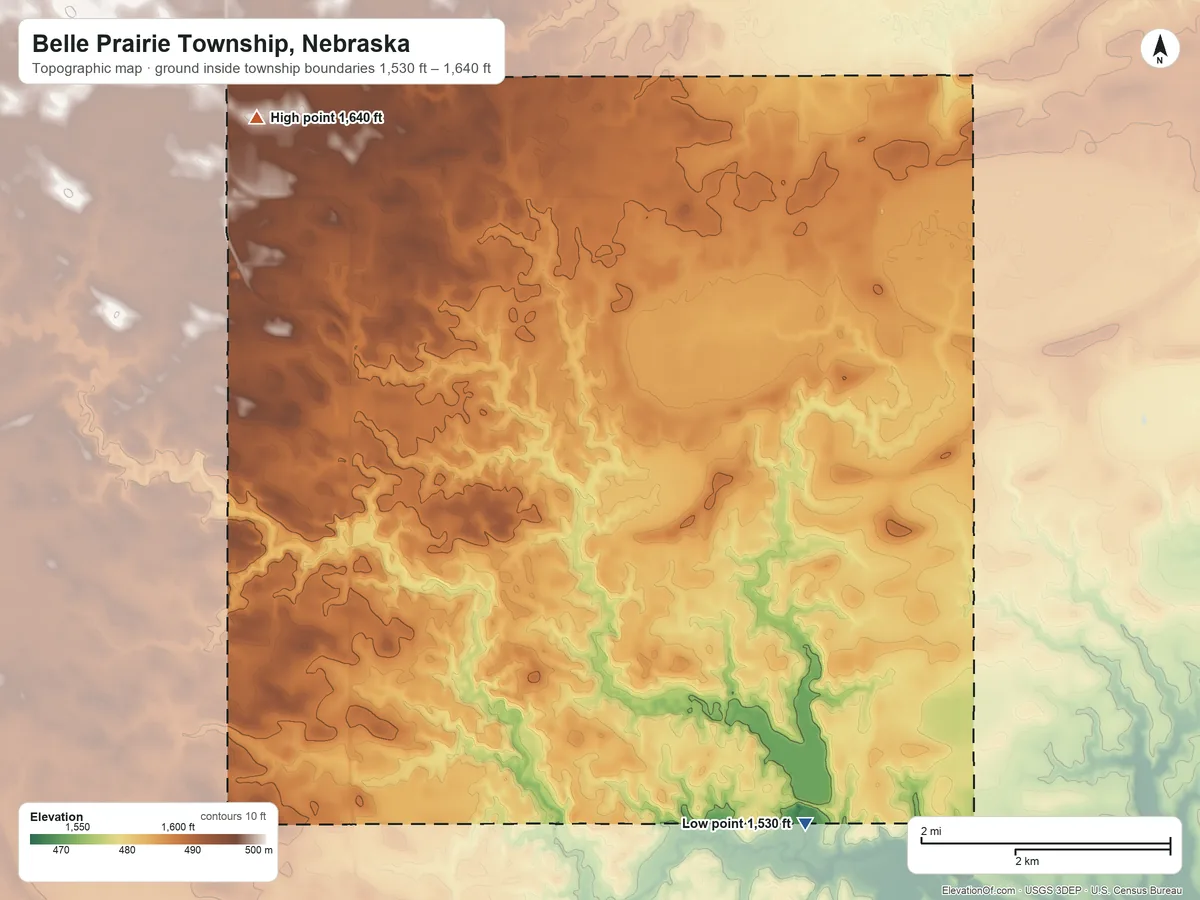 Topographic elevation map of Belle Prairie Township, Nebraska, shaded from 1,530 ft on the southeast side to 1,640 ft on the northwest side