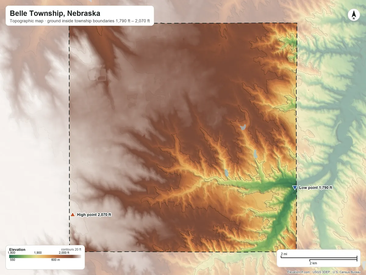 Topographic elevation map of Belle Township, Nebraska, shaded from 1,790 ft on the southeast side to 2,070 ft on the southwest side