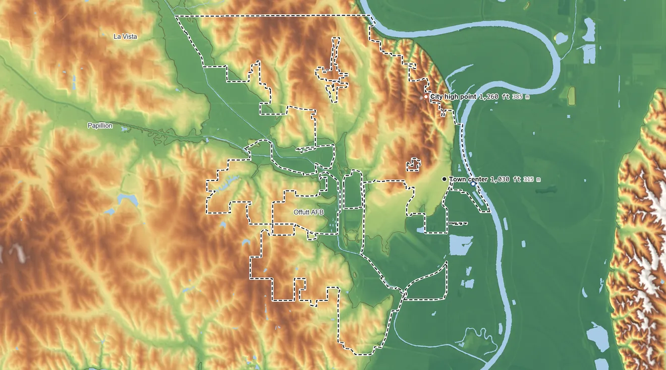 Topographic elevation map of Bellevue, Nebraska, shaded from 950 ft near the middle to 1,260 ft on the north side