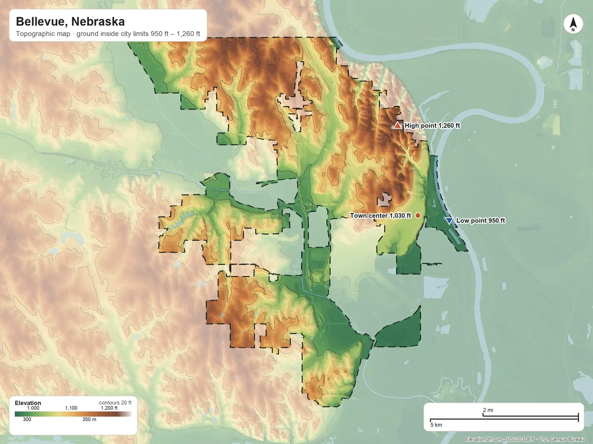 Topographic elevation map of Bellevue, Nebraska, shaded from 950 ft near the middle to 1,260 ft on the north side