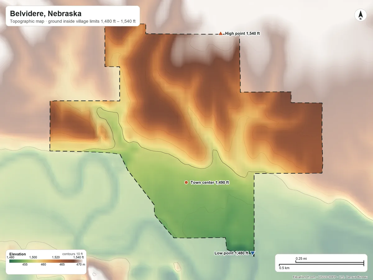 Topographic elevation map of Belvidere, Nebraska, shaded from 1,480 ft on the southeast side to 1,540 ft on the north side