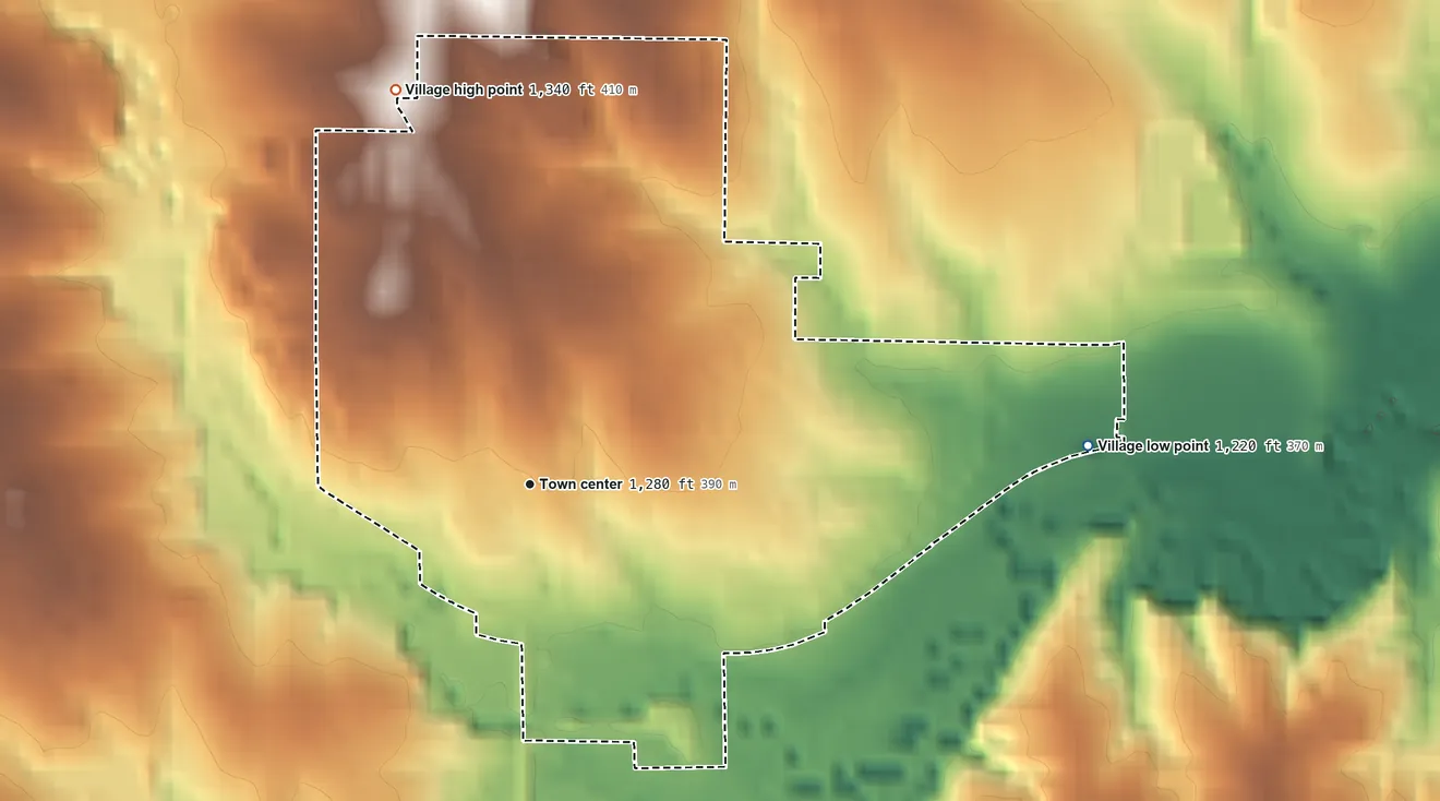 Topographic elevation map of Bennet, Nebraska, shaded from 1,220 ft on the east side to 1,340 ft on the north side