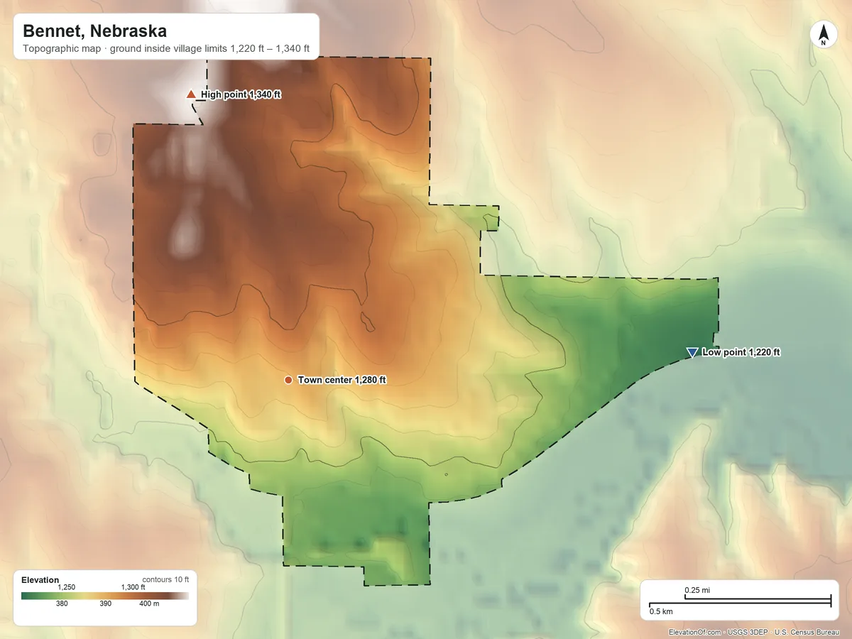 Topographic elevation map of Bennet, Nebraska, shaded from 1,220 ft on the east side to 1,340 ft on the north side