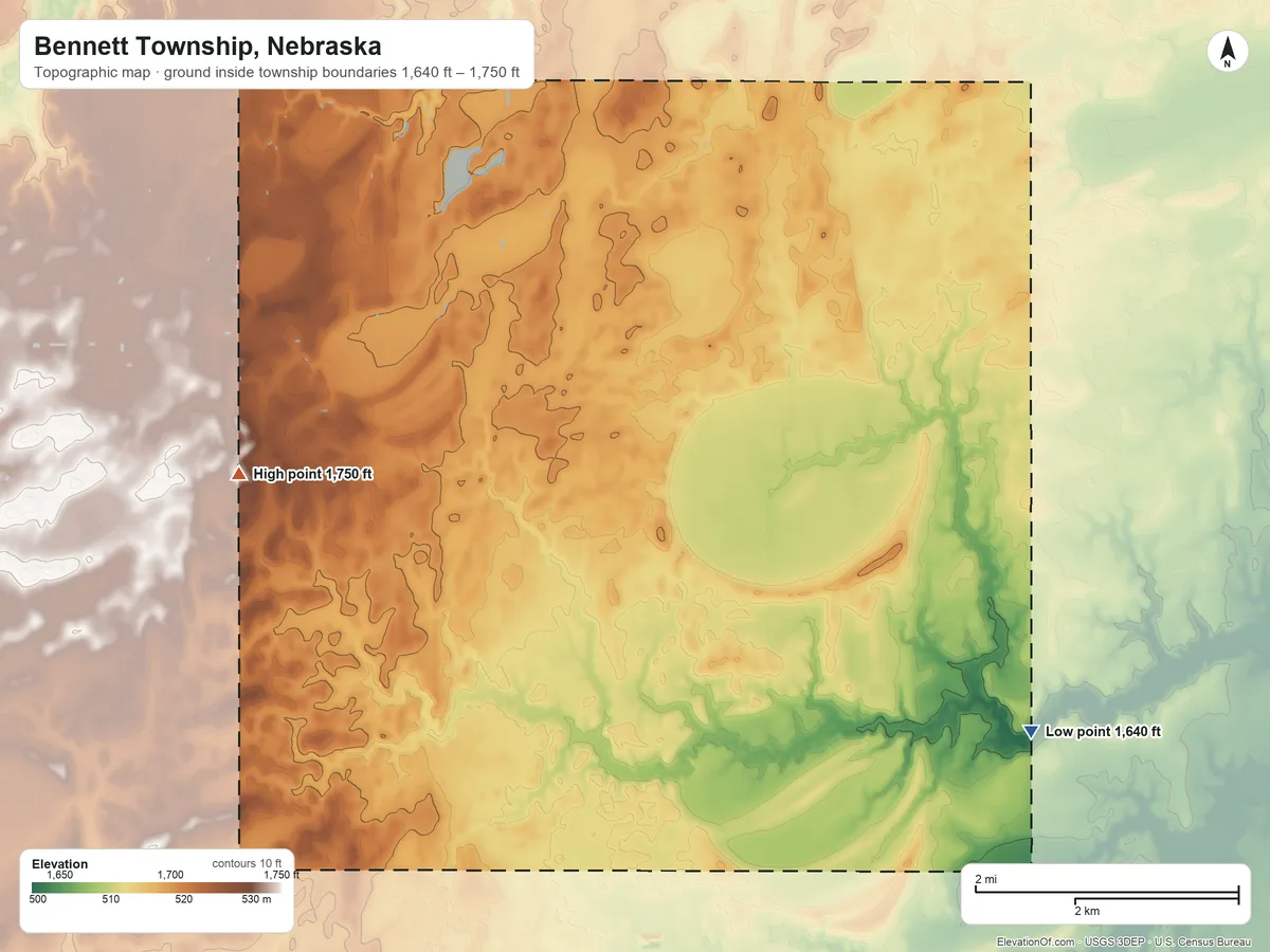 Topographic elevation map of Bennett Township, Nebraska, shaded from 1,640 ft on the southeast side to 1,750 ft on the west side