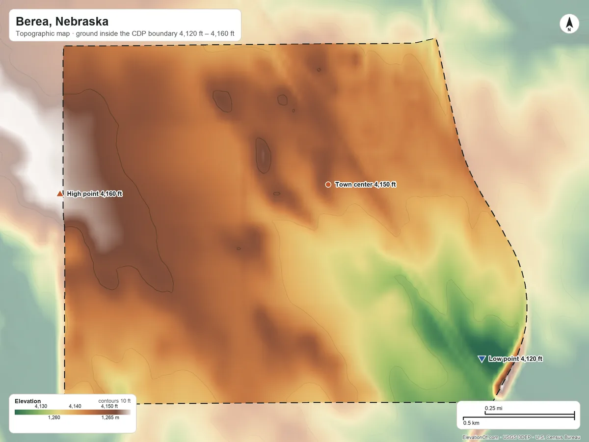 Topographic elevation map of Berea, Nebraska, shaded from 4,120 ft on the southeast side to 4,160 ft on the west side